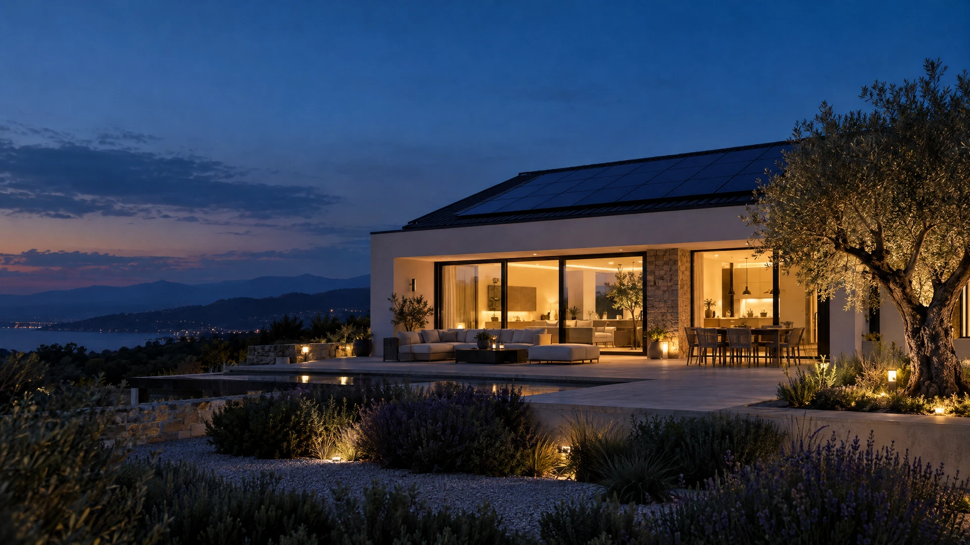 A solar-powered home at dusk.