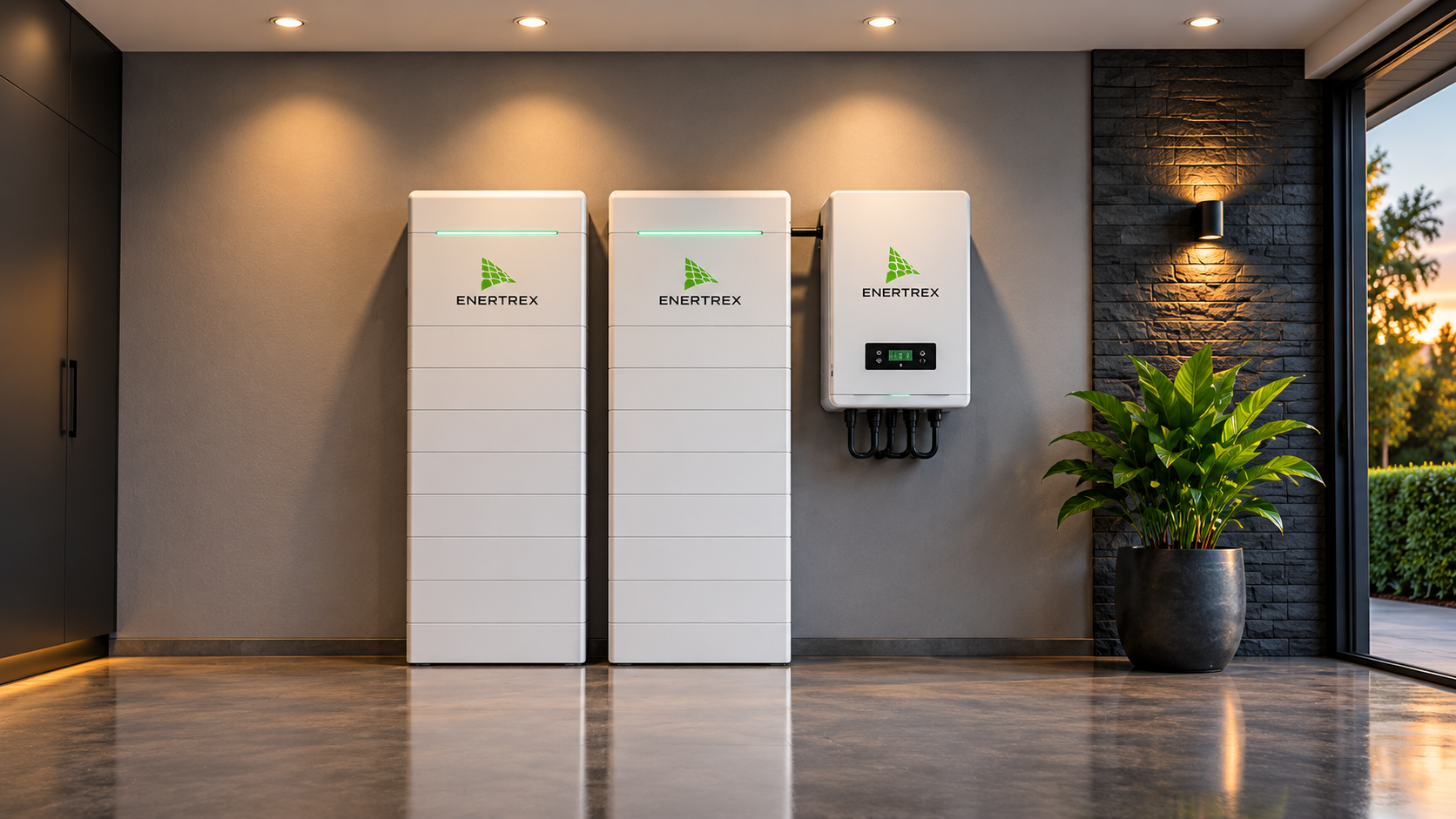 Two Enertrex home batteries and a wall-mounted inverter in a modern interior.
