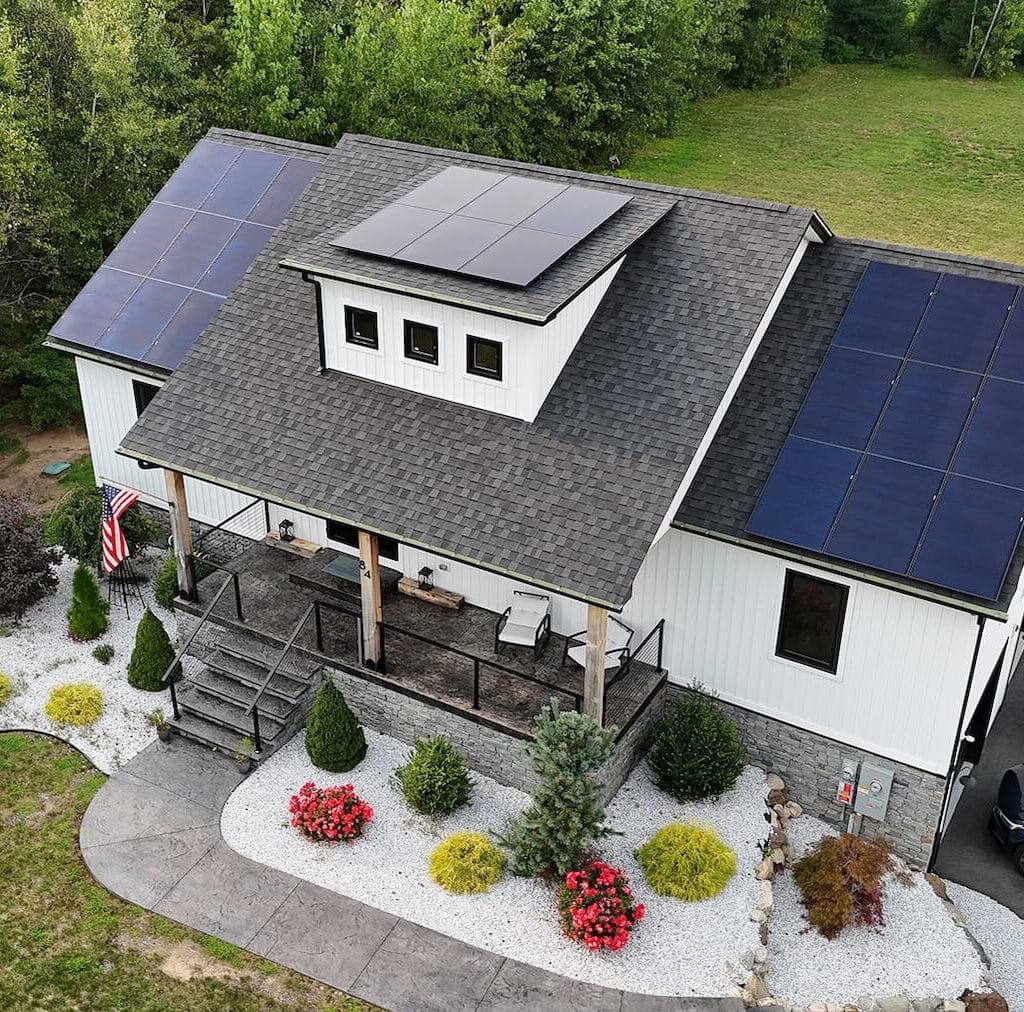 Aerial view of Enertrex solar panels on suburban home